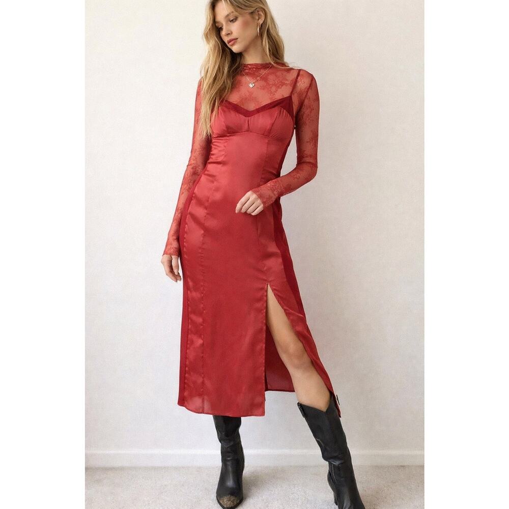 Free People Intimately City Cool Midi Slip Dress Venetian Red Satin Side Slit XS
